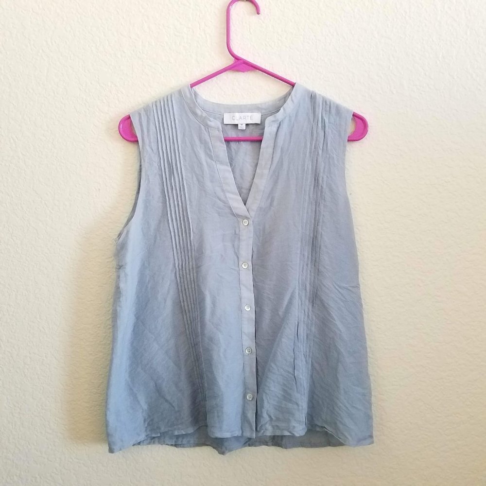 CLARTE Silk Blend Button Down Blouse Blue Sleeveless Top